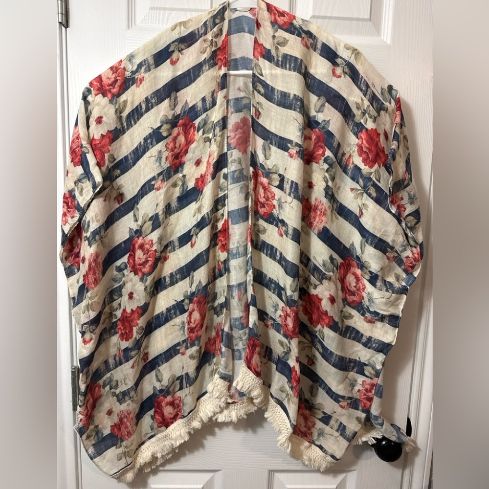 Boho Floral Striped Kimono Cardigan Fringe Tassel Open Front Oversized OS